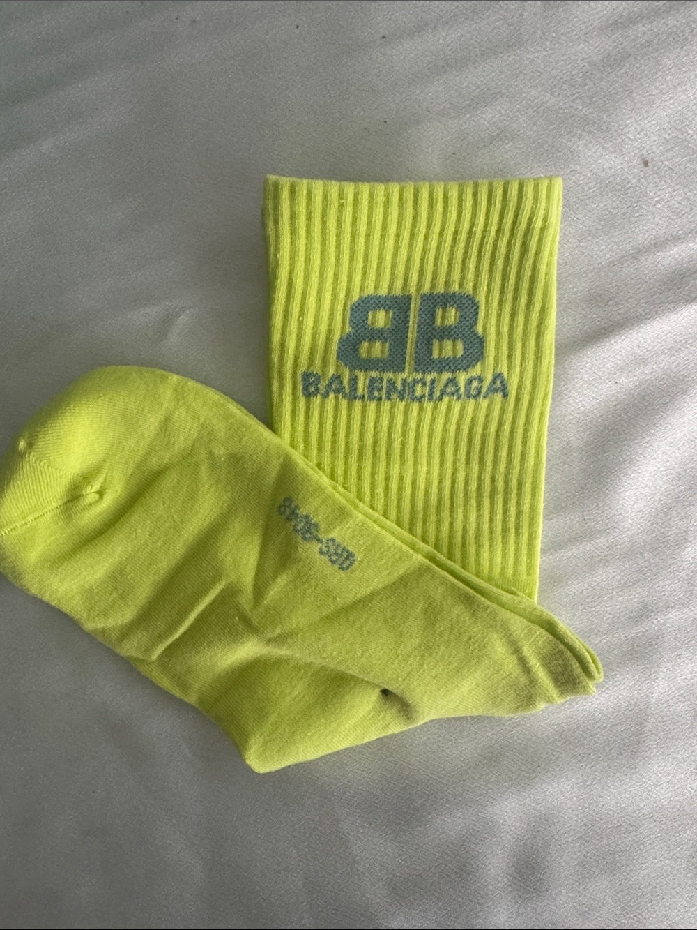 New! Balenciaga Neon Yellow Logo Ribbed Crew Socks